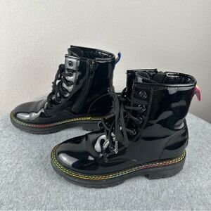 Kurt Geiger Black Patent Combat Boots Youth Size 1 Rainbow Stitching Side Zip